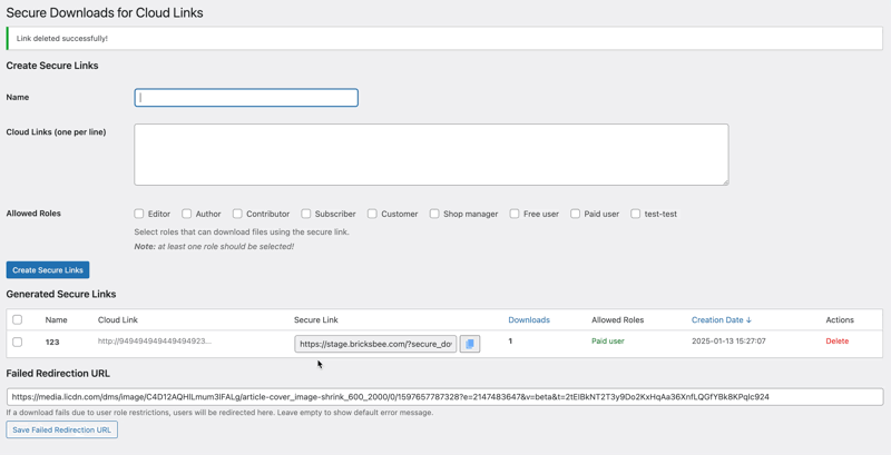 demo of secure link creation